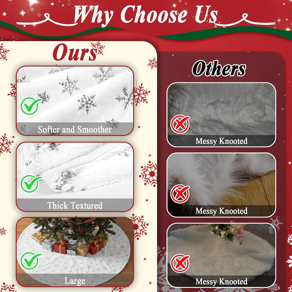 72 Inches Christmas Tree Skirt Holiday Party Decorations White Plush Silver Sequin Snowflake