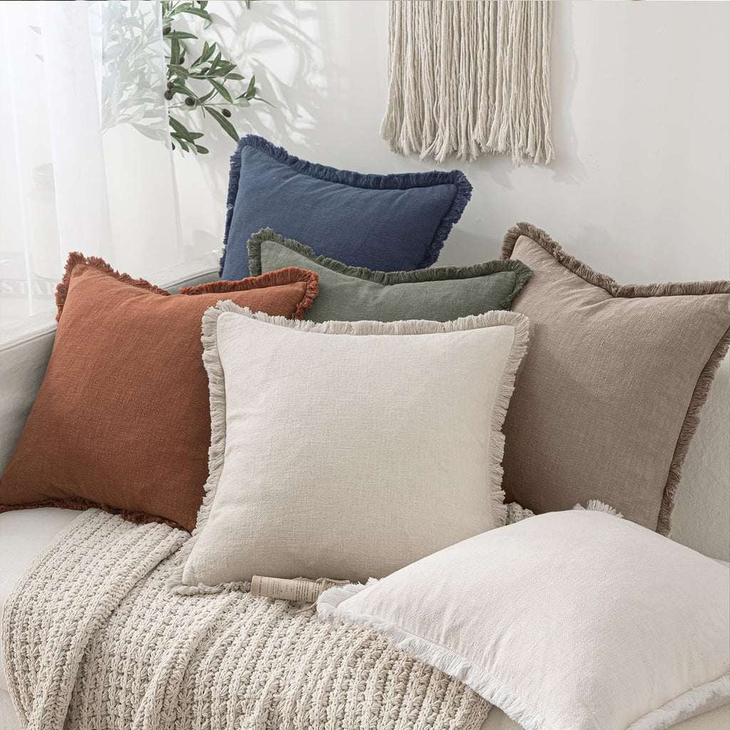 Boho Linen Fringe Decorative Fall Throw Pillow Covers Dune 18x18