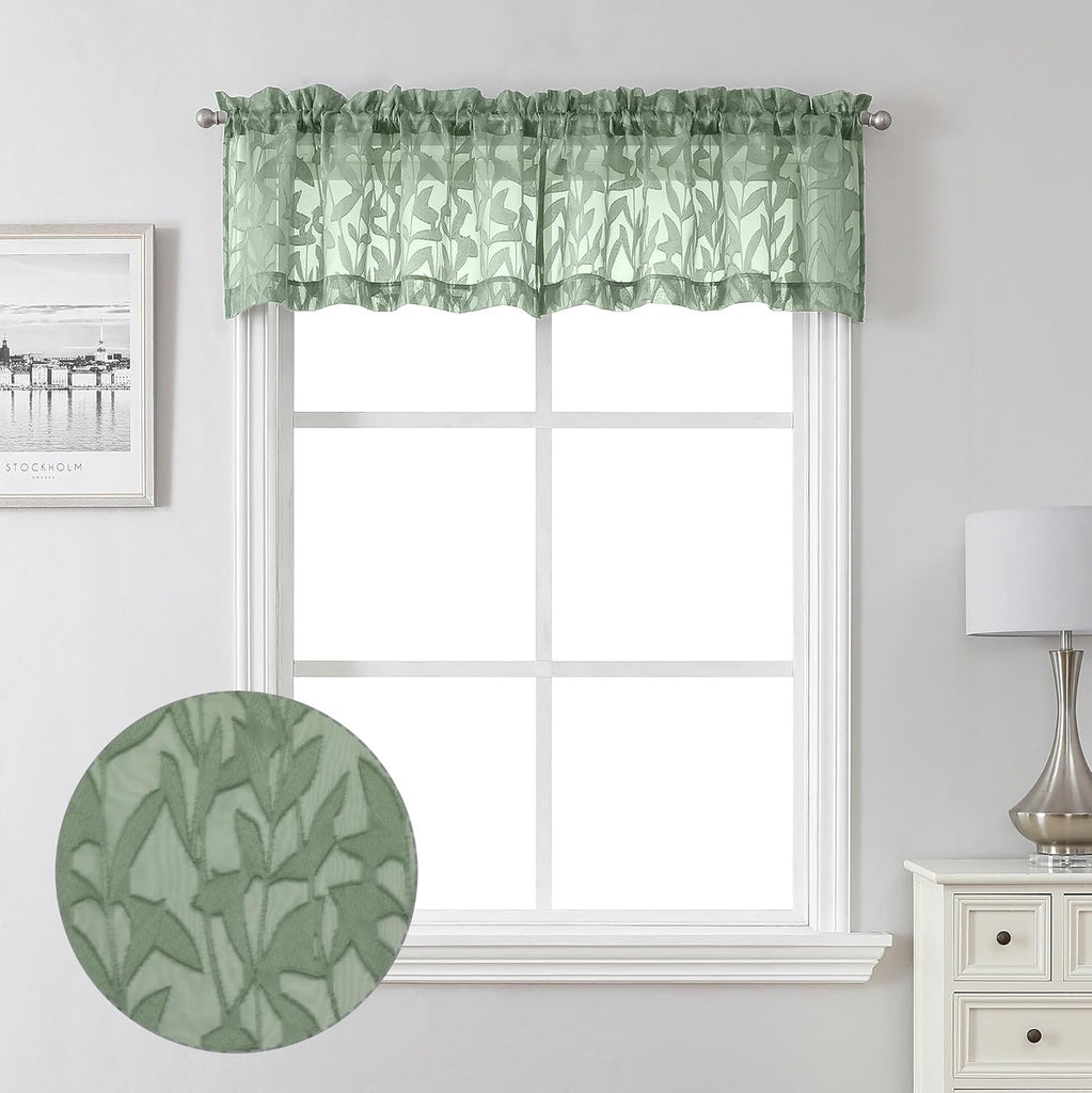 Leia 14 Inch Sage Valance for Window Green Sheer Curtains 2 PCS, Jacquard Texture Leaves Semi Voile Living Room