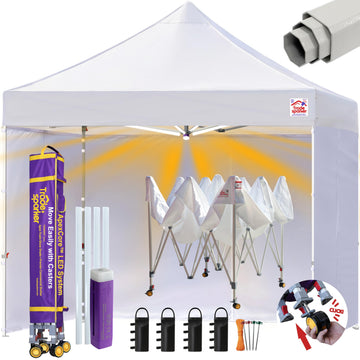 10x10 Pop Up Tent with Sidewalls, Commercial Movable Canopy ApexCore LED & Rugged Casters-Instant Easy Setup Shelter