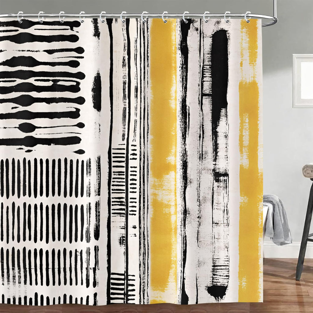 Abstract Boho Shower Curtain, Mid Century Modern Black And Beige Geometric Stripes Shower Curtains Set, Minimalist