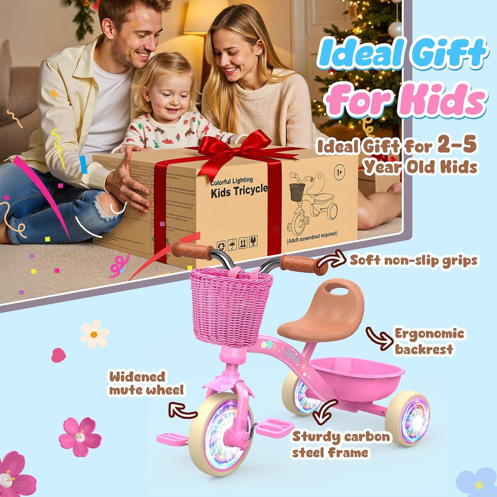 Toddler Tricycle for 1-3 3-5 Year Olds, 2 3 4 5 Year Old Girl Birthday Gifts, Pink Toddler Baby Bike, Outdoor Riding