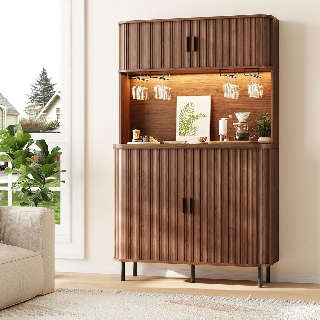 71" Tall Fluted Wine Bar Cabinet with Storage Walnut | Liquor Cabinet, Coffee Bar Cabinet, Large Home Bar, with LED
