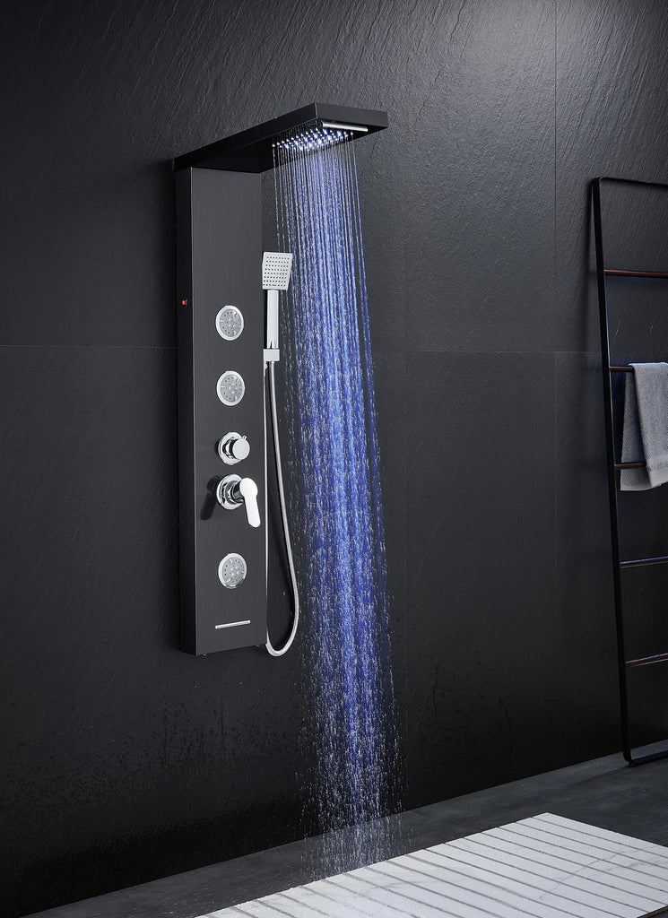 LED Shower Panel System with Massage Jets Stainless Steel Black