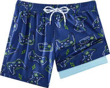 2 in 1 Boy's Swim Trunks Zipper Pockets Kids Bathing Suits