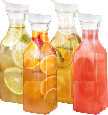 [50 oz - 4 Pack] Plastic Carafe with Lid, Large Capacity Square Base - Clear Pitcher with Flip Top Lid, Easy-Pour