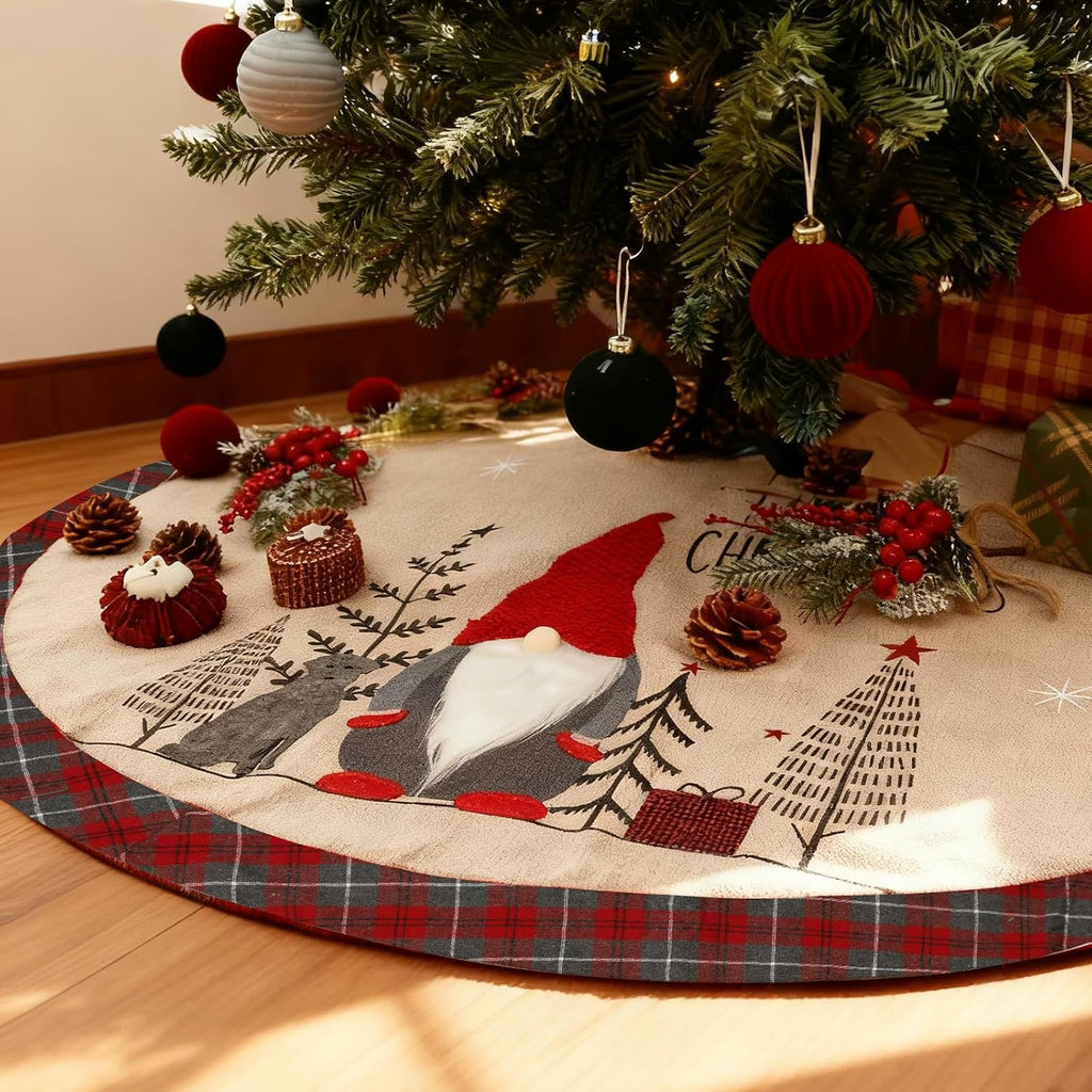 Large Christmas Tree Skirt 48 Inch, Vintage Burlap Christmas Tree Skirt with Buffalo Plaid Edges and Stereo Plush