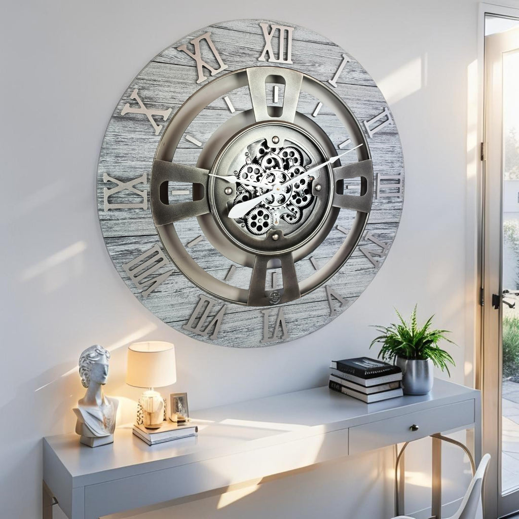 Real Moving Gear Wall Clock England Line (Silver Grey, 24 inches (60 cm))