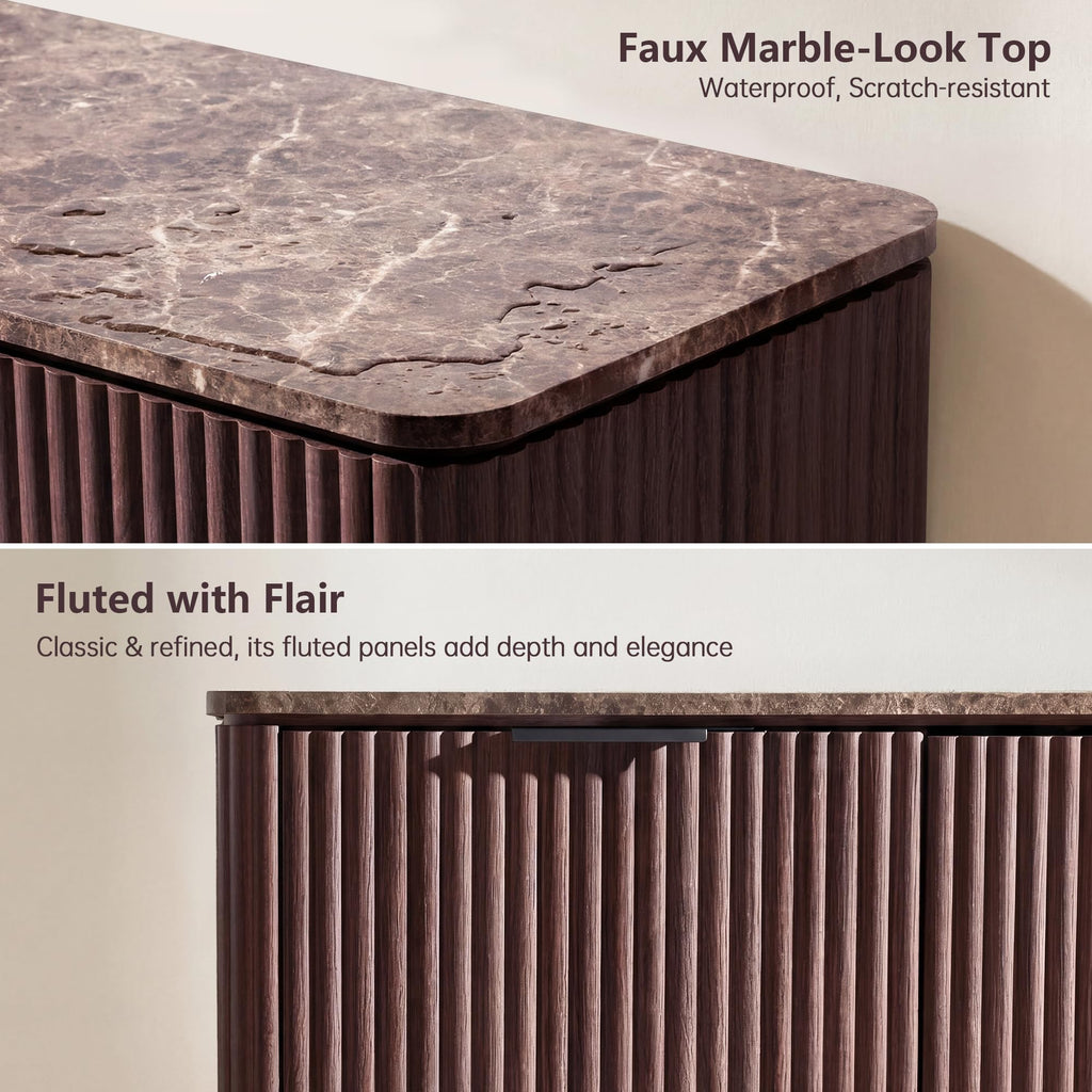 54" W Fluted 6 Drawer Bedroom Dresser, with Faux Marble Top, Dark Oak