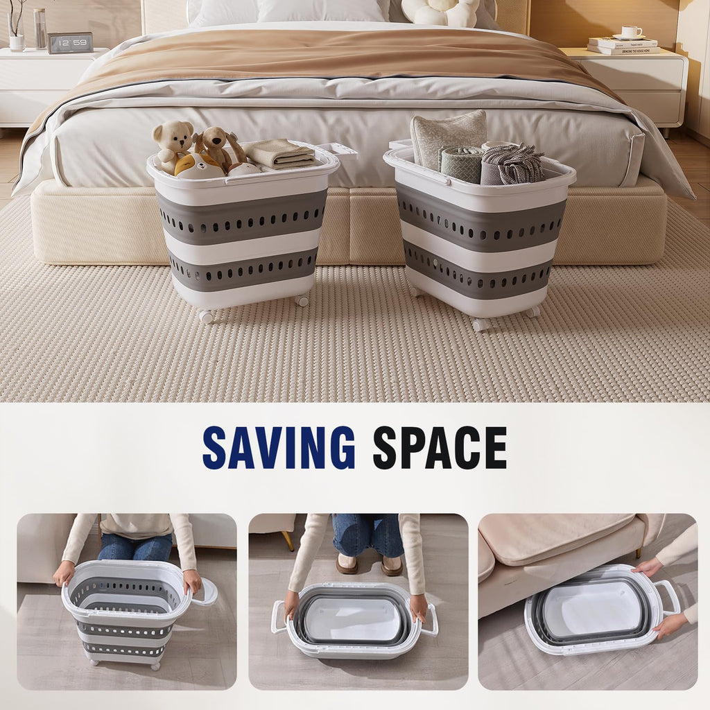 Collapsible Plastic Rolling Laundry Basket Hamper with Wheels, 45L Portable Rubber Clothes Basket, Pop Up Storage