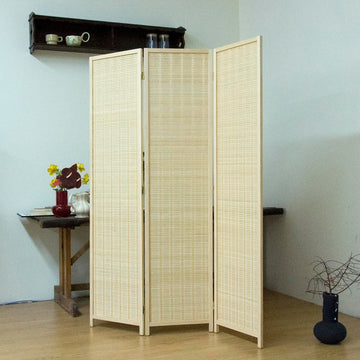 3-Panel Bamboo Room Divider - 5.6 ft Tall Beige Folding Privacy Screen, Double-Sided Freestanding Partition Wall with