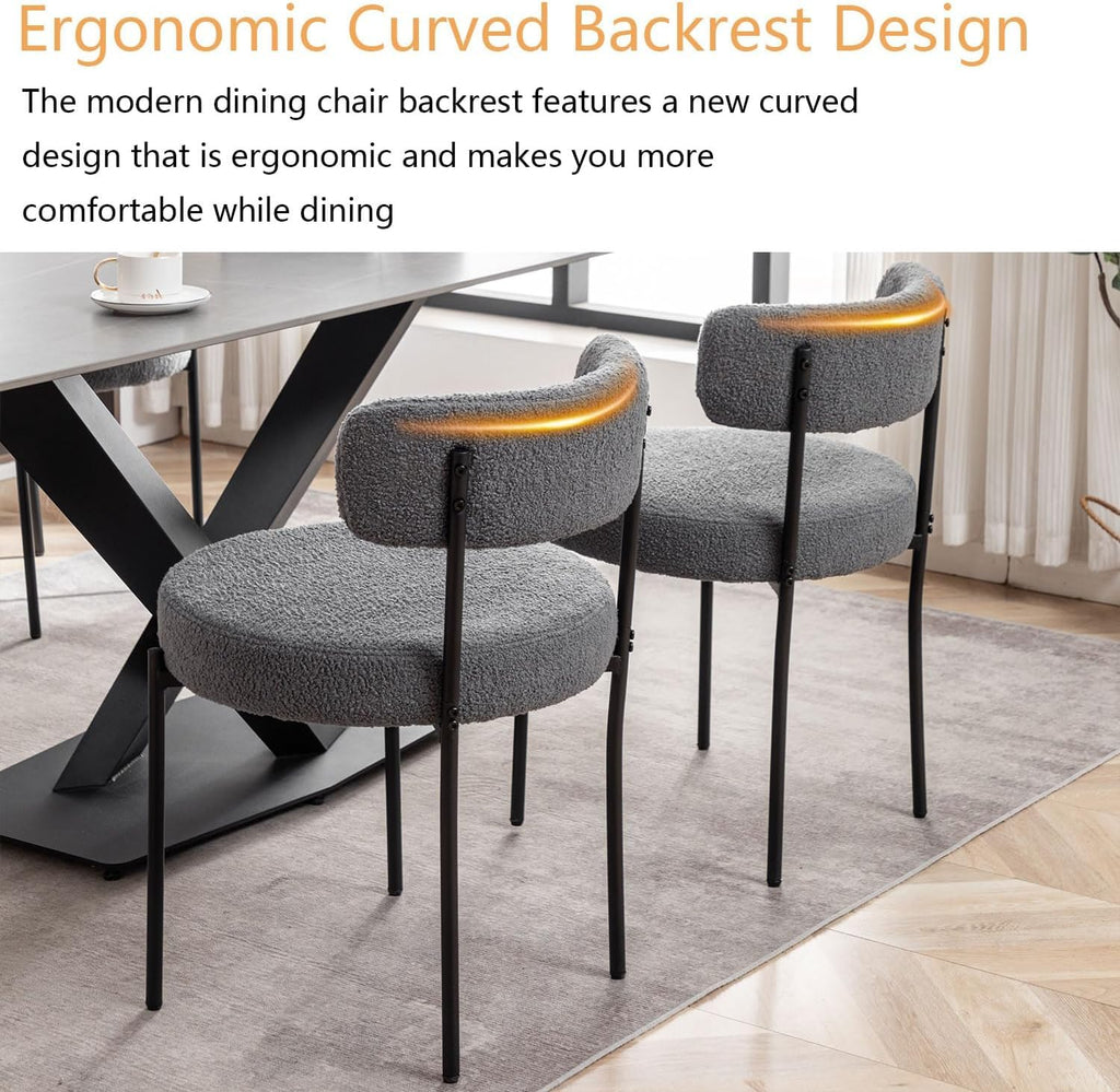 Grey Boucle Set of 2, Upholstered Dining Room Chairs with Black Metal Legs, Round Modern Dining Chair