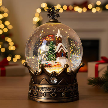 Christmas Snow Globe Lantern Water Glittering Village & Santa Crown with Music, USB Lined/Battery Operated Lighted