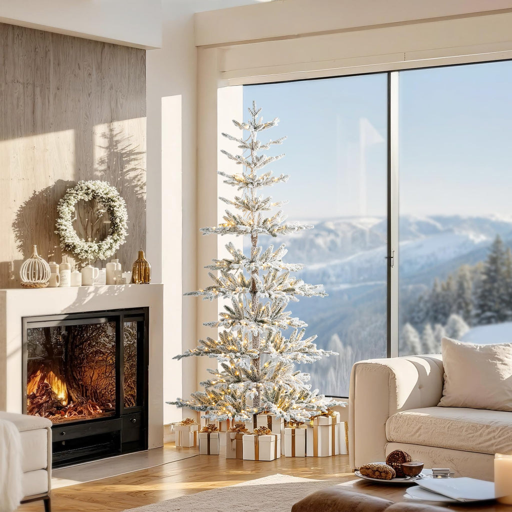 7ft Deluxe Pre-Lit Flocked Artificial Christmas Tree Serene Snowscape Fir, Party Decoration with 400 Warm White