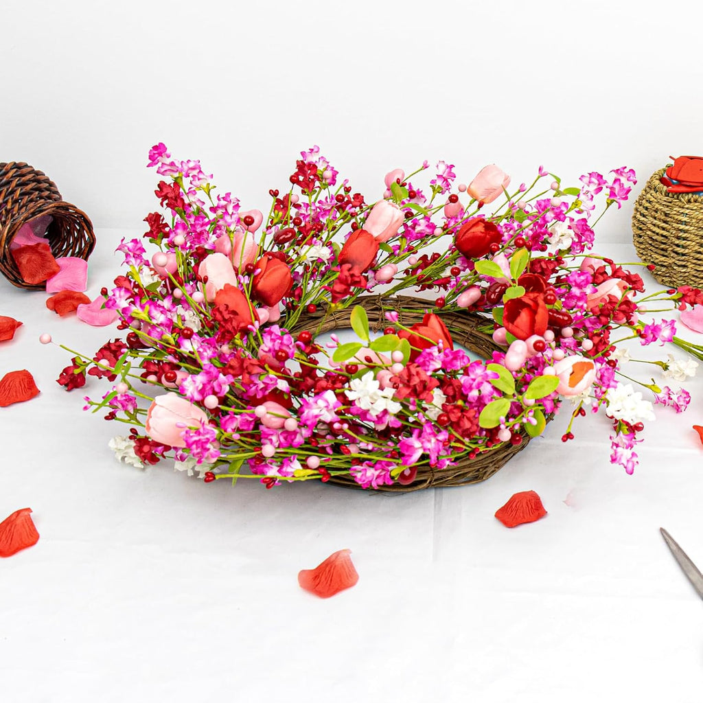 22 Inches Valentine Wreath Red Valentines Wreaths for Front Door Valentine's Day Flower Wreath with Tulips Heart