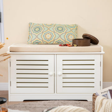 Shoe Storage Bench with Removable Padded Seat Cushion, Premium MDF Benches with Adjustable Shelves - White