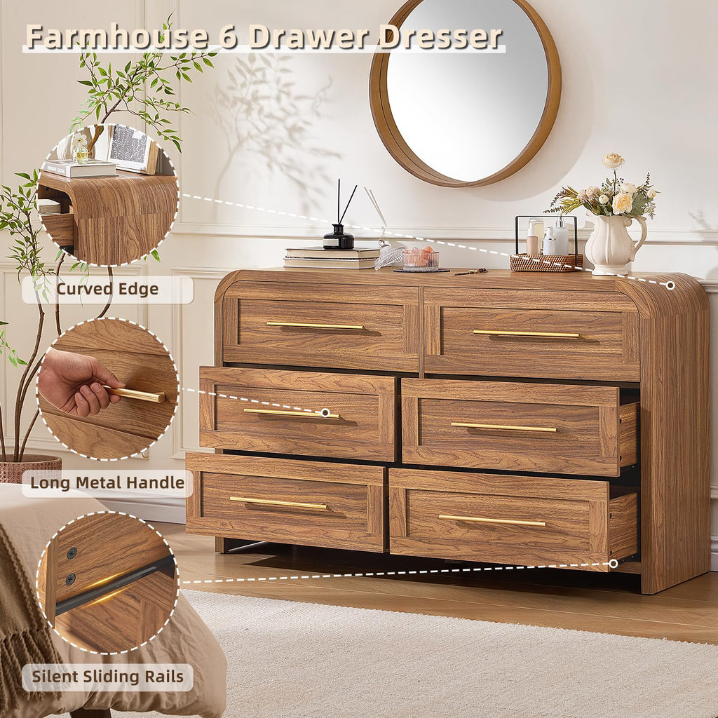 6 Drawer Dresser, Curved Chest of Drawers, Brown