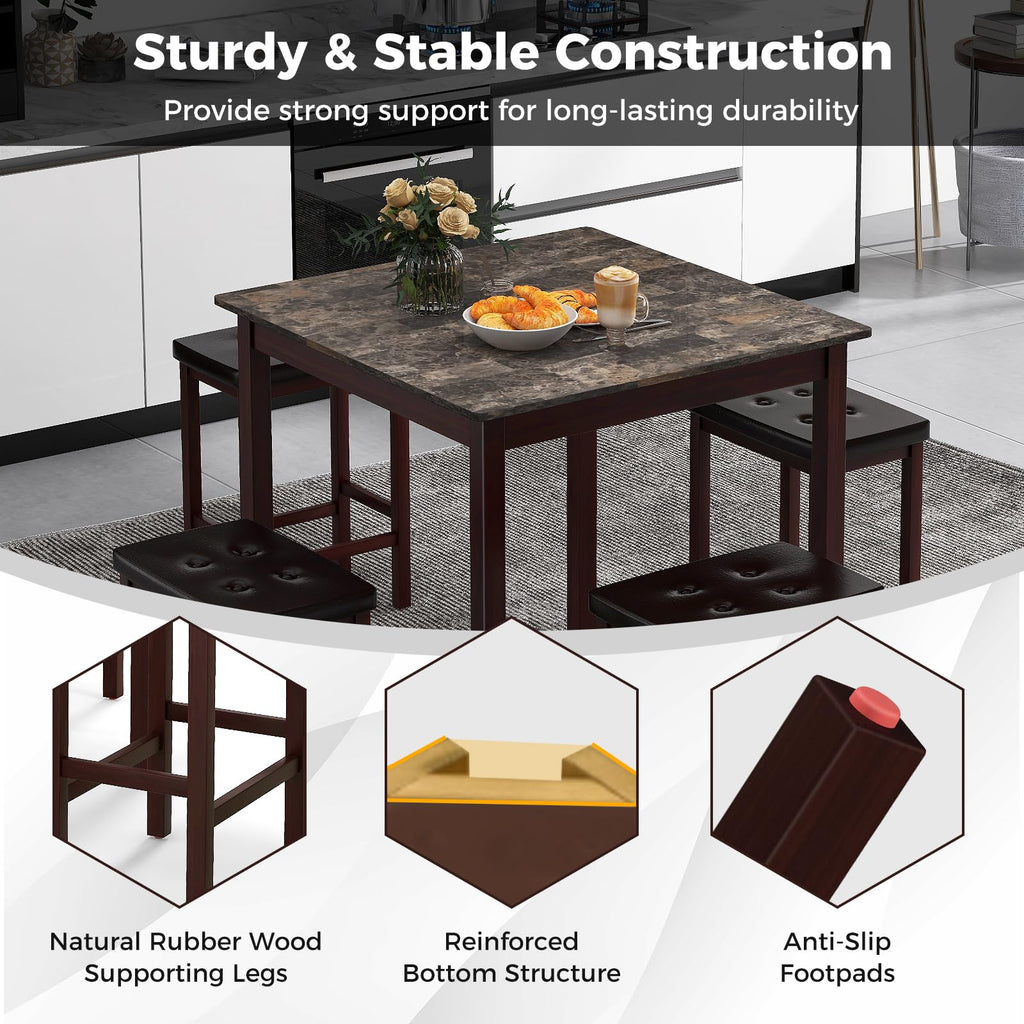 5-Piece Counter-Height Bar Table Set, Faux Marble Square Table & 4 PVC Leather Bar Stools w/Rubber Wood Legs, Modern