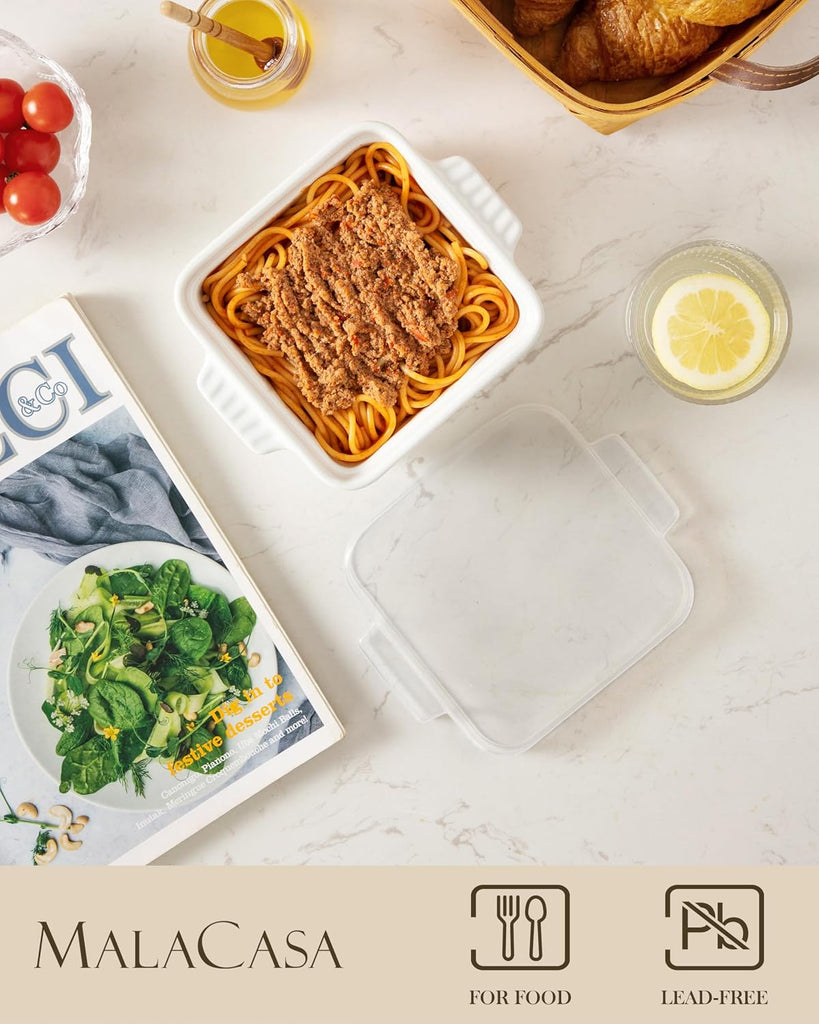 Dishes for Oven, Small Ceramic Dishes with Silicone Lids for Individual Portions 5.5" x 5.5" Square Casserole Dishes