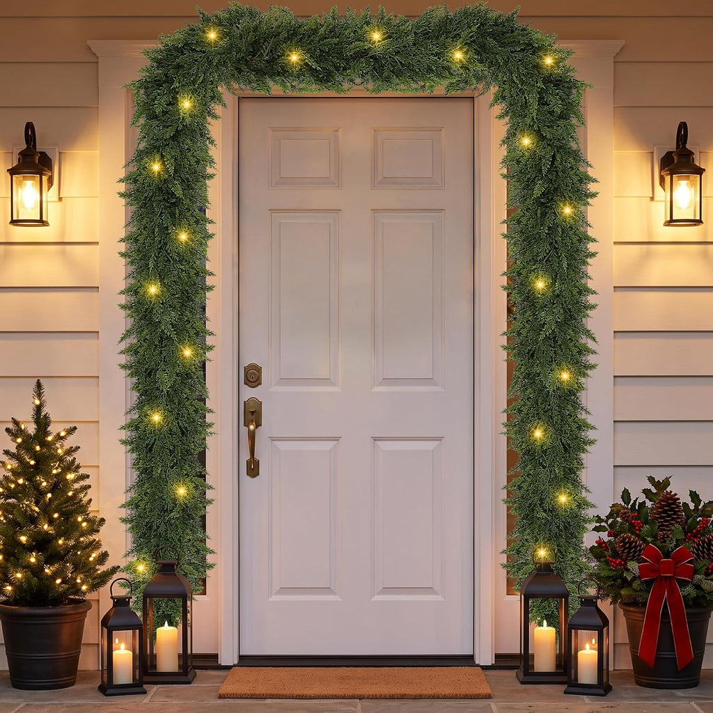 18 FT (2 * 9FT) Cedar Garland with Lights - Realistic Prelit Christmas Garlands for Mantle, Stairs, Fireplace, Indoor