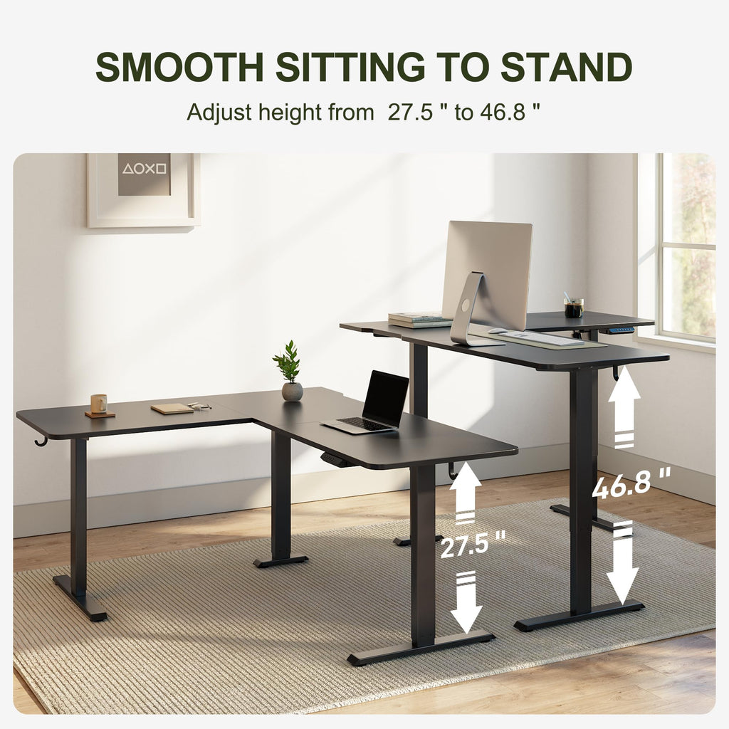 L-Shaped Standing Desk - 63 x 55 Inch Adjustable Corner Standing Desk with Charging Station - L Shape Sit Stand Table