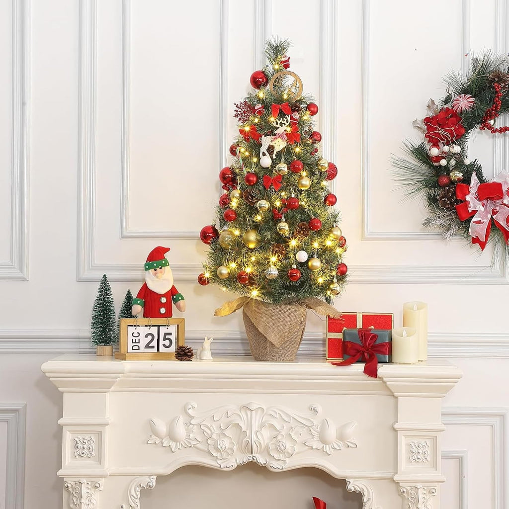 3FT Mini Christmas Tree, Prelit 78 LED Warm White, Tabletop Flocked, Green