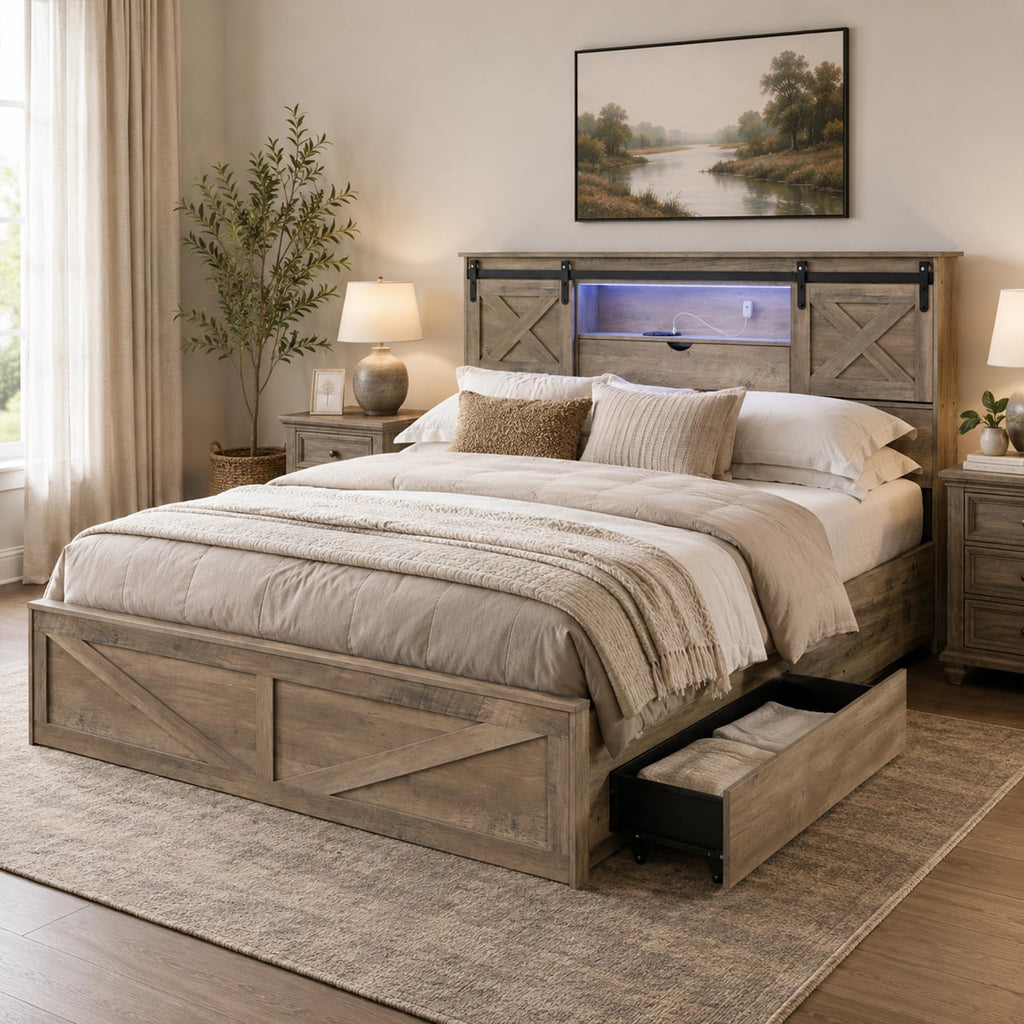 Farmhouse Bed Frame with Barn Door Headboard and Drawers, Grey
