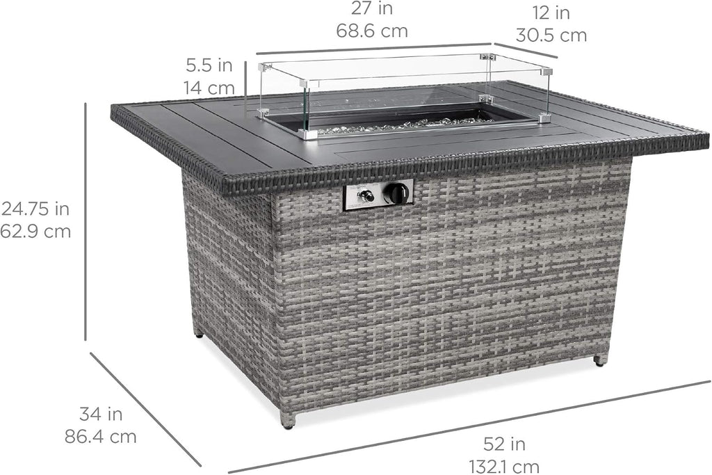 52in 50,000 BTU Outdoor Wicker Patio Propane Gas Fire Pit Table w/Aluminum Tabletop, Glass Wind Guard