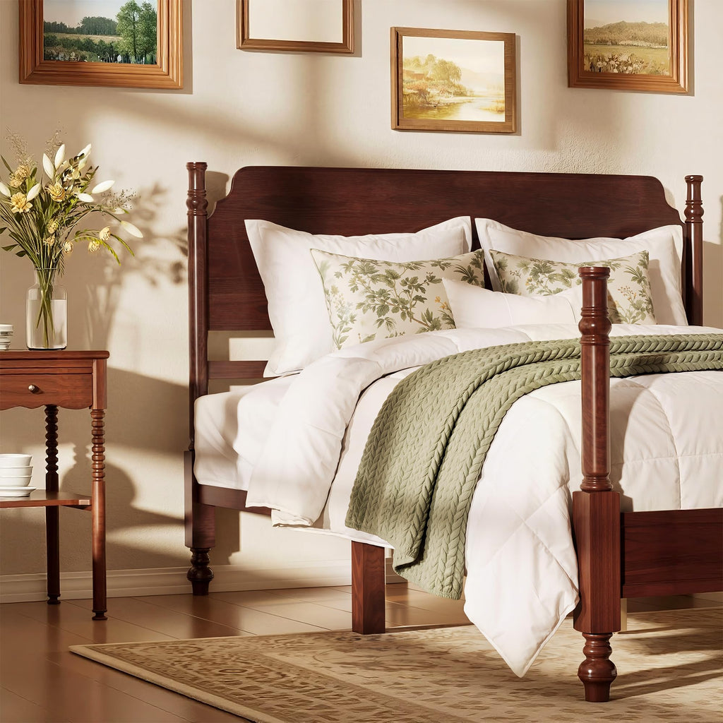 Spindle Platform Bed with Headboard, Dark Walnut