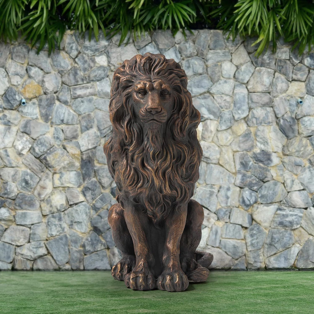 24"BronzeLion Garden Statue,Large Sitting Lion Sculpture With Weighted Base,Regal Entrance Guardian For Front