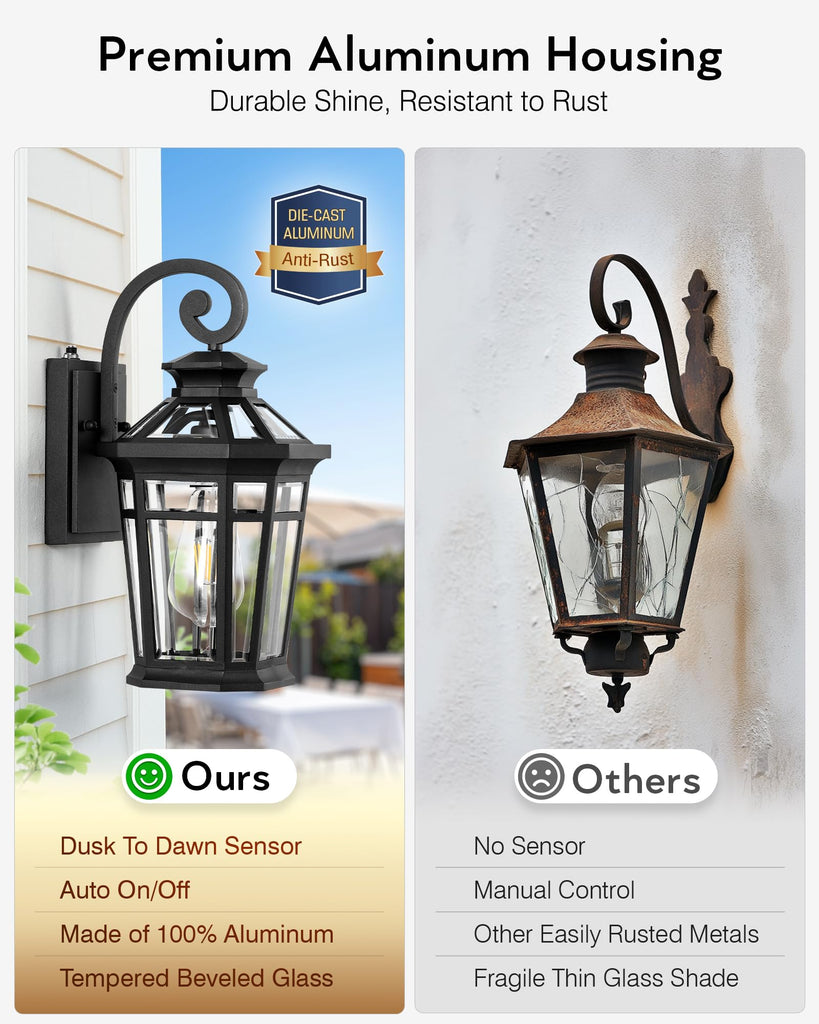 Outdoor Light Fixtures Wall Mount, 2-Pack Outdoor Wall Sconce Dusk to Dawn, Exterior Lantern with E26 Base, Matte
