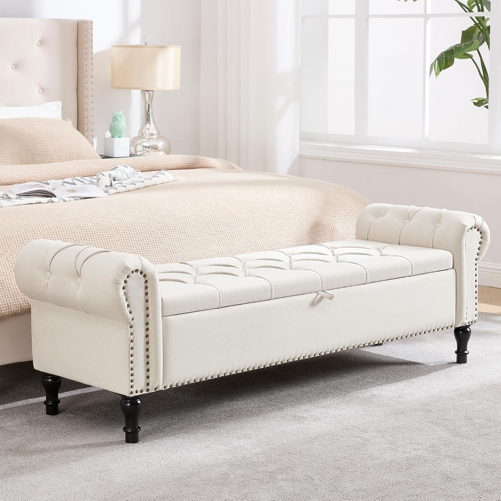 67 Inch Storage Bench , King Size End of Bed Bench, Upholstered Bench with Rolled Arms, Linen Tufted Button Storage