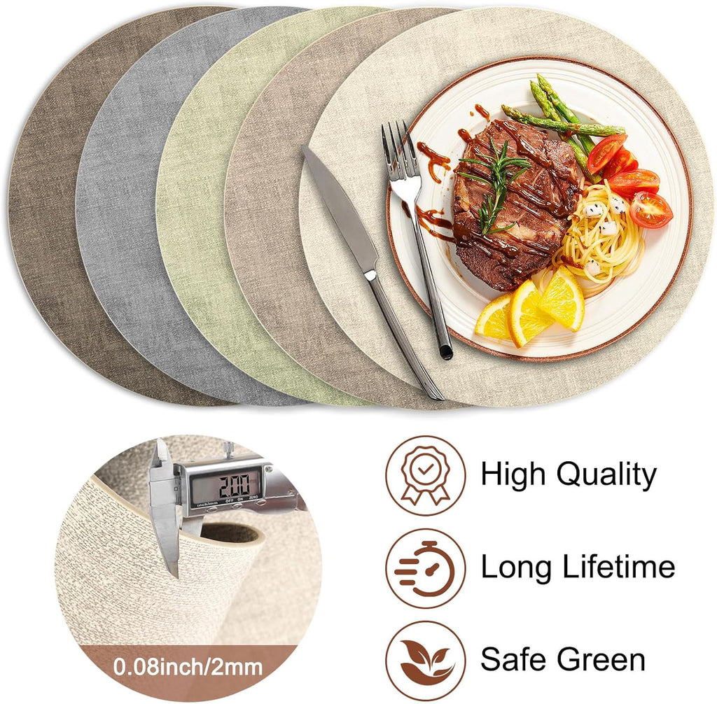 Round Faux Leather Placemats and Coasters, Reversible Heat Resistant Non-Slip Table Mats, Waterproof - Set of 6
