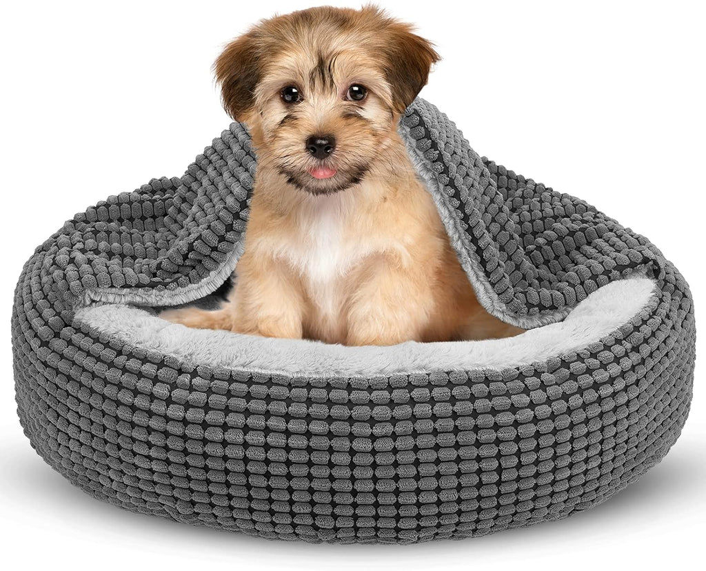 Small Dog Bed with Attached Blanket, Cozy Donut Cuddler Anti-Anxiety Hooded Pet Beds Calming Cave Bed. Orthopedic