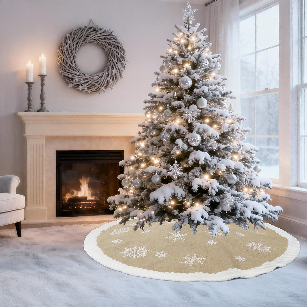 72 inch Christmas Tree Skirt, Burlap Tree Skirt for 7.5 ft Tree to 12 ft Tree, Large Snowflake Tree Skirt with Faux