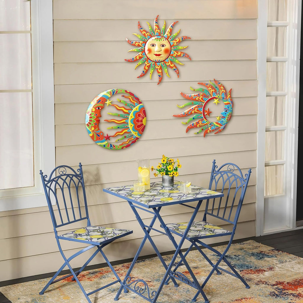 Sun Moon Sun Face Metal Wall Sculpture, Indoor Outdoor Garden Fence Decor - Set of 3