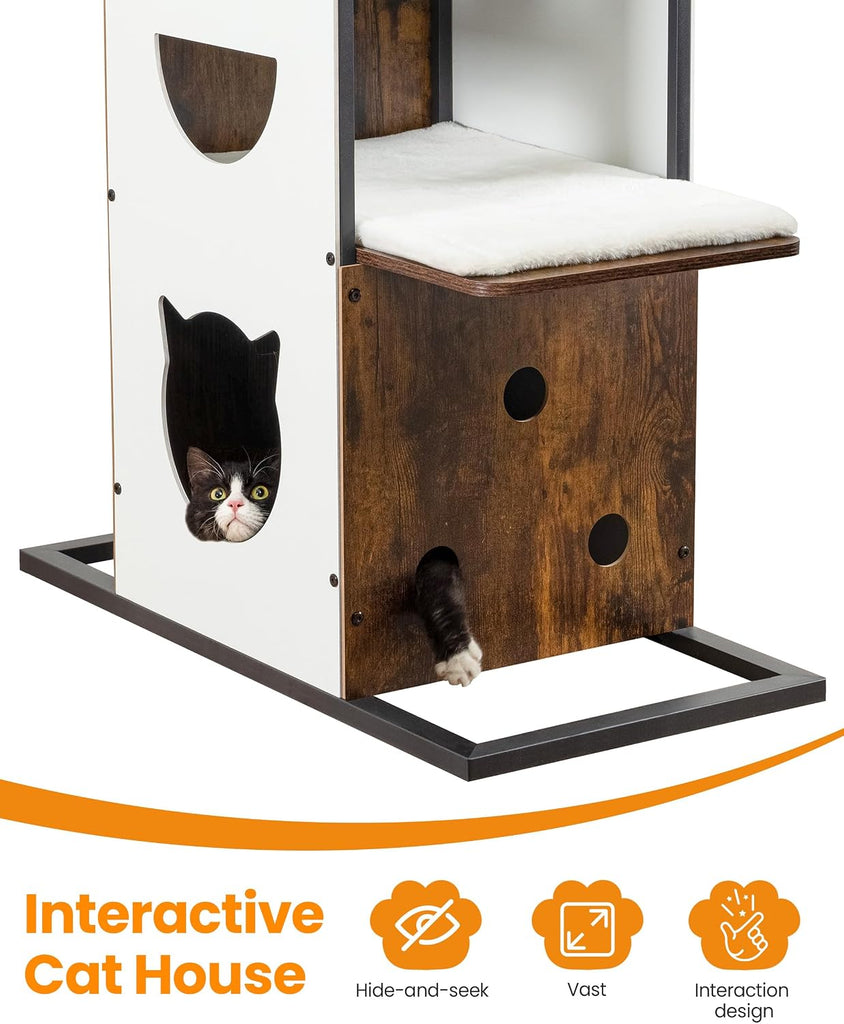 Wood Modern Cat Tree Tower, 84 Inch XL Tall Indoor Large Cat Condo