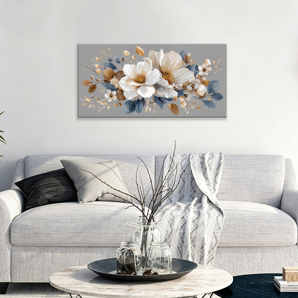 White Flower Gold Leaf Flower Canvas Wall Art Decor 20×40