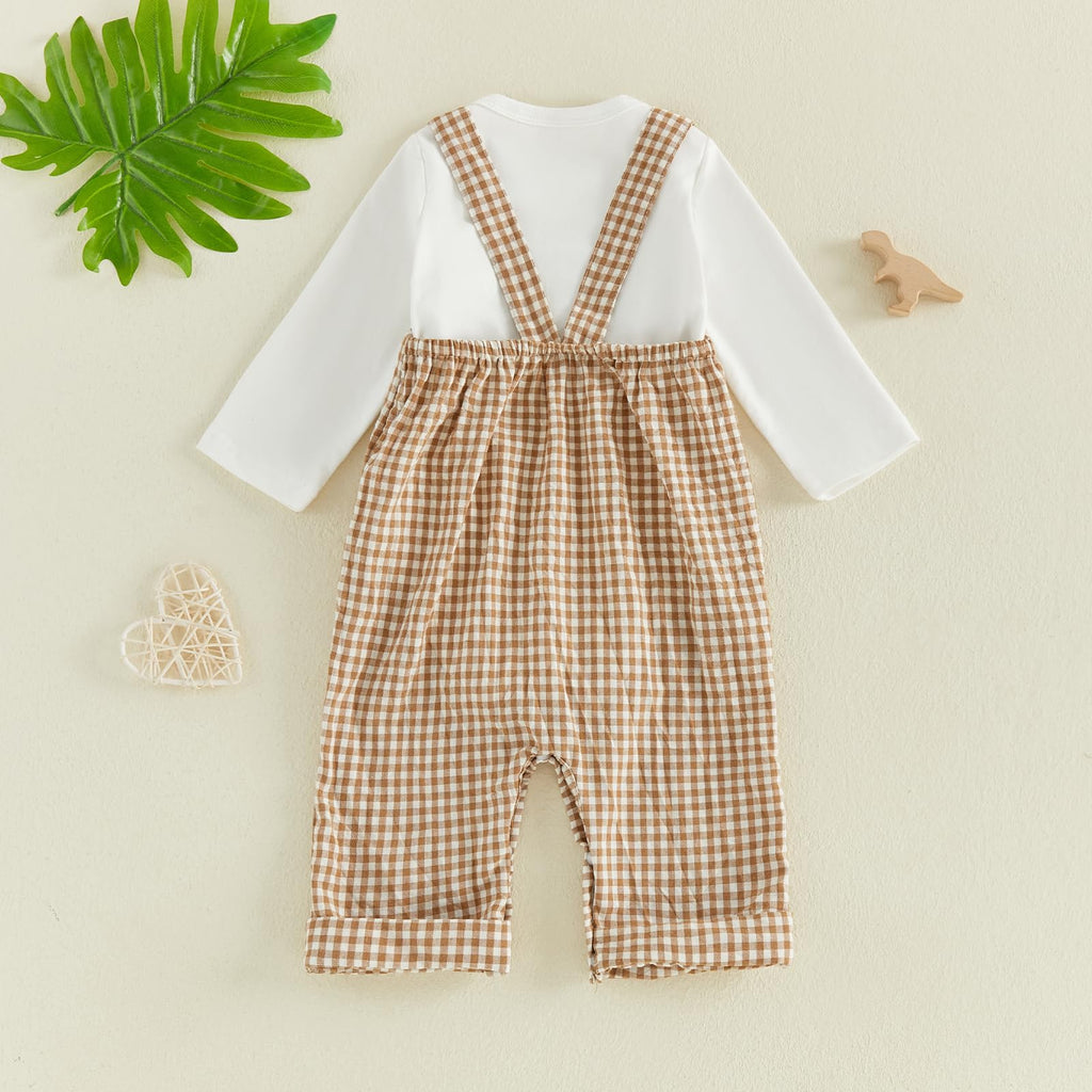 Newborn Infant Baby Boy Fall Clothes Long Sleeve Romper Top Gingham Plaid Overall Pants Hat 3Pcs Fall Outfits Set
