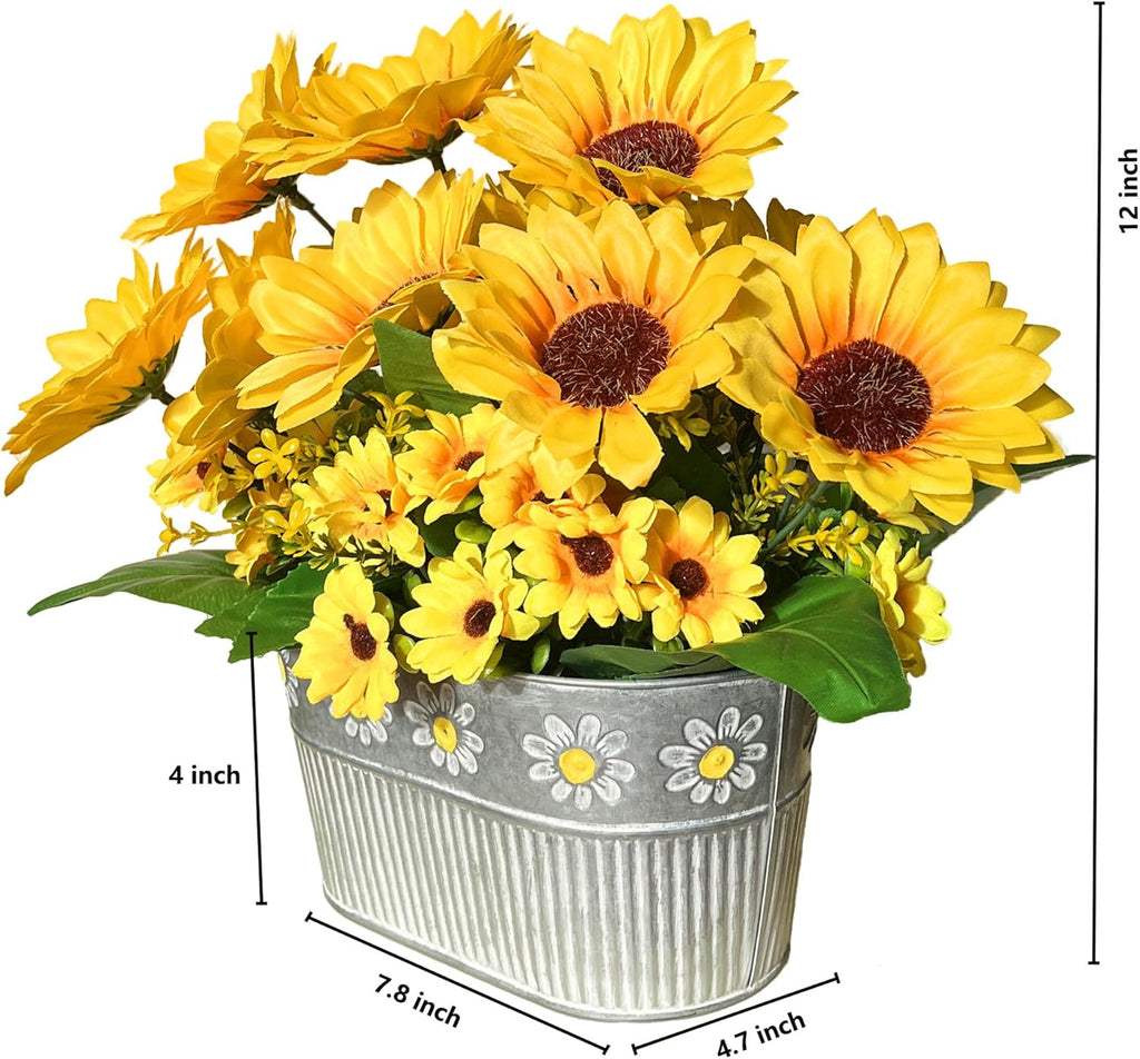 Artificial Flowers Fake Sunflowers in Pot, Faux Silk Flowers Floral Table Centerpiece Decoration, Rustic Potted - Set of 3