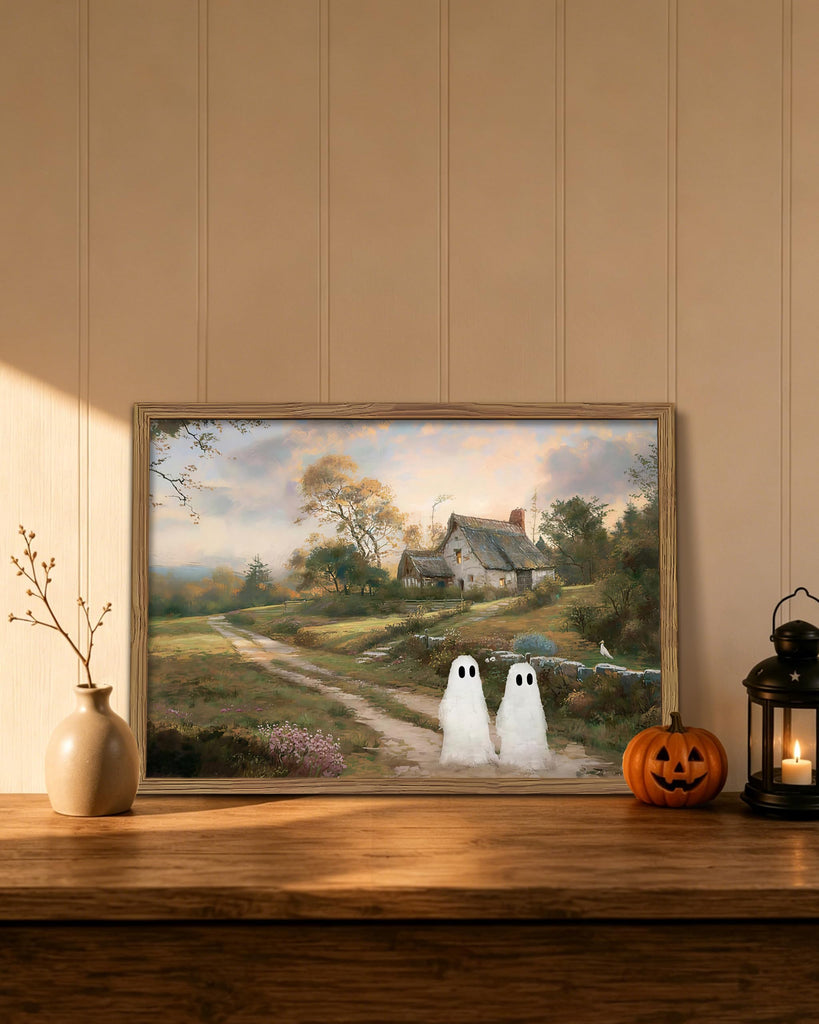 Vintage Landscape Ghost Wall Art, Gothic Halloween Cute Ghost Canvas Wall Decor Painting, Retro Rustic Cottage