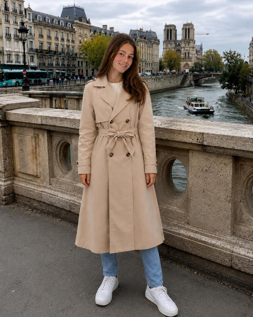 Girl Long Trench Coat Double Breasted Windproof Jacket With Belt