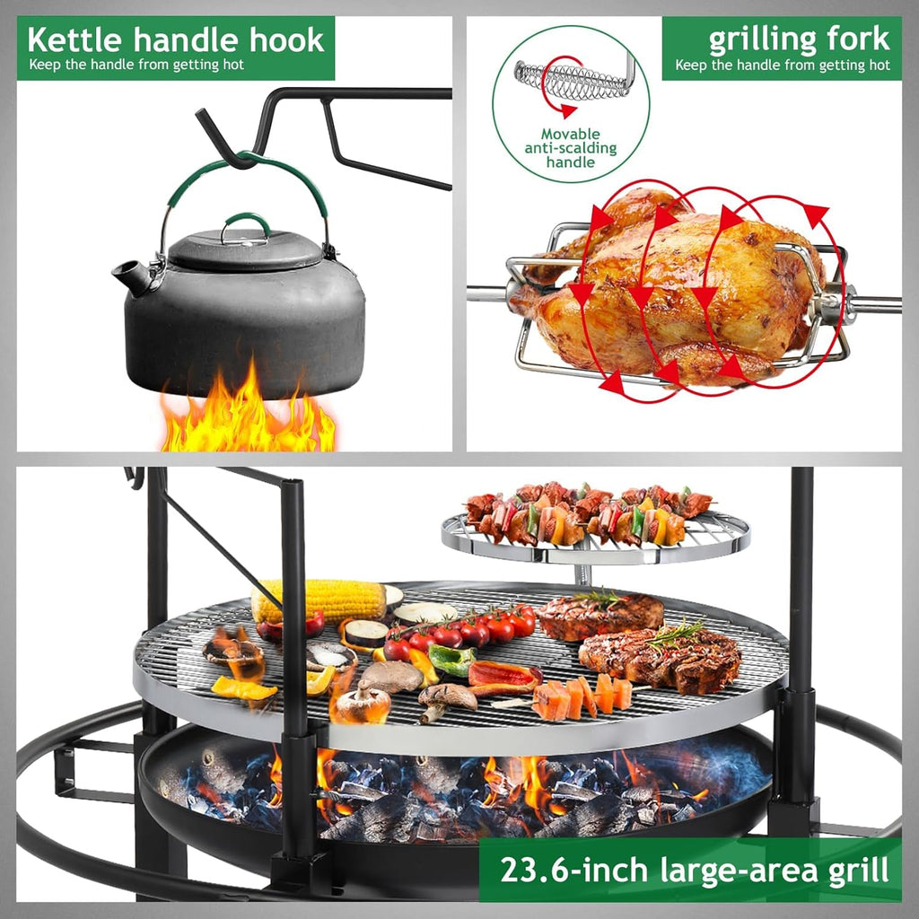 33'' Outdoor Fire Pit with 2 Grills, Wood Burning Round Firepit with Swivel Cooking Grate, Removable Swivel Grill