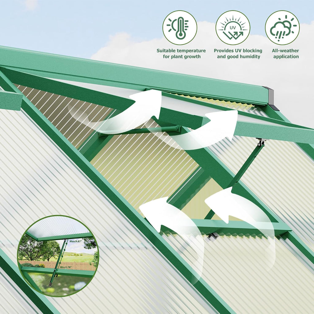 8x12 FT Outdoor Greenhouse, Polycarbonate Greenhouse with Roof Vent and Ground Nails, Aluminum Large Walk-in Green