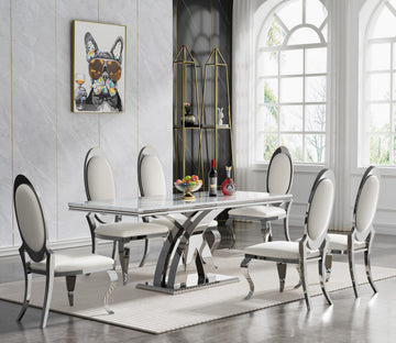 68''Silver Faux Marble Dining Table Set with 6 Leather Chair