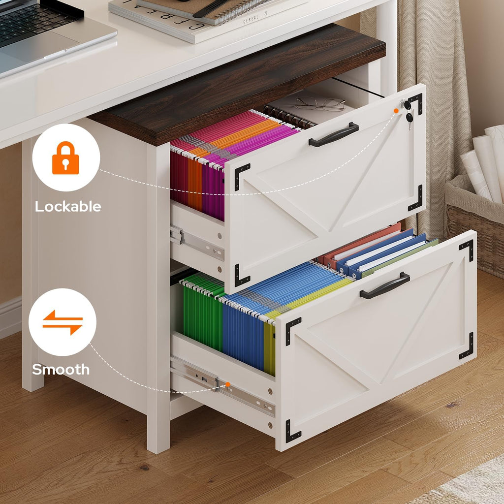 2 Drawer File Cabinet with Lock, Wood Filing Cabinets Storage Cabinet for Hanging Files Letter/Legal/F4/A4 Size, White