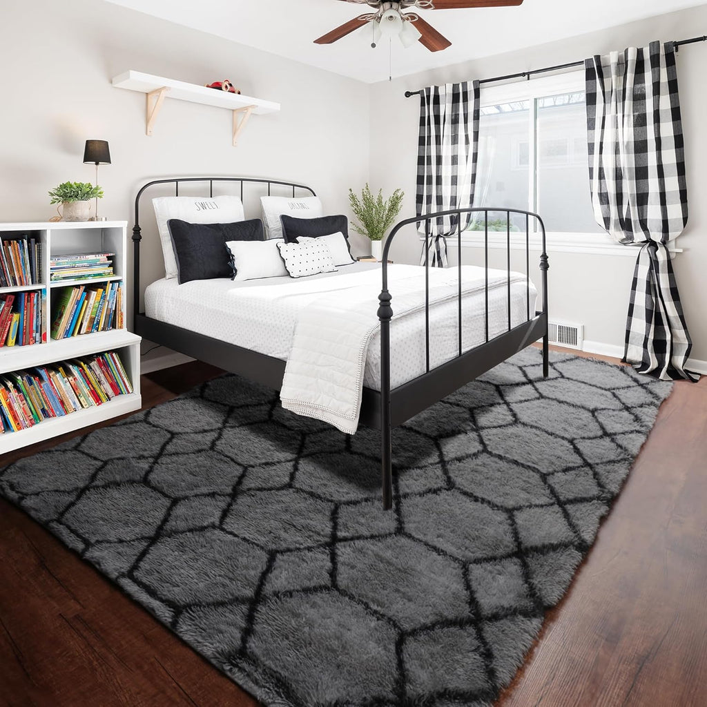 6x9 Area Rugs for Living Room Bedroom, Large Fluffy Grey and Black Throw Rug, Geometric Soft Plush Shaggy Fuzzy Floor