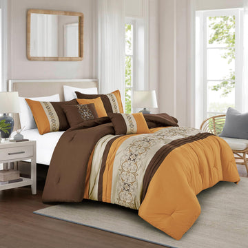 Burnt Orange Comforter Set, 6-Piece Embroidered Floral Bedding King Size