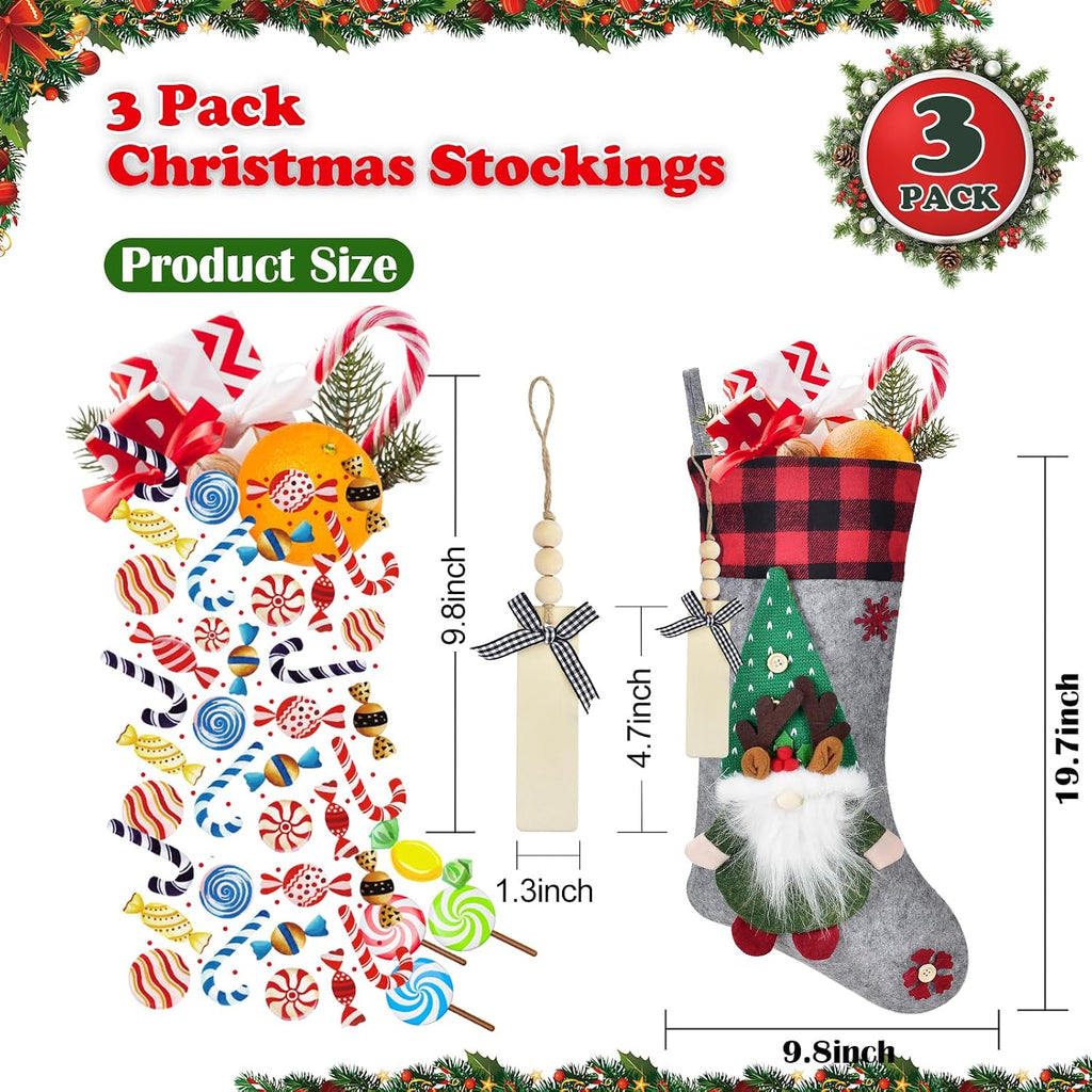 19.7 Inch Christmas Gnomes Stockings with Names Tags, 3D Embroidered Snowflakes Large Christmas Stockings Set of 3