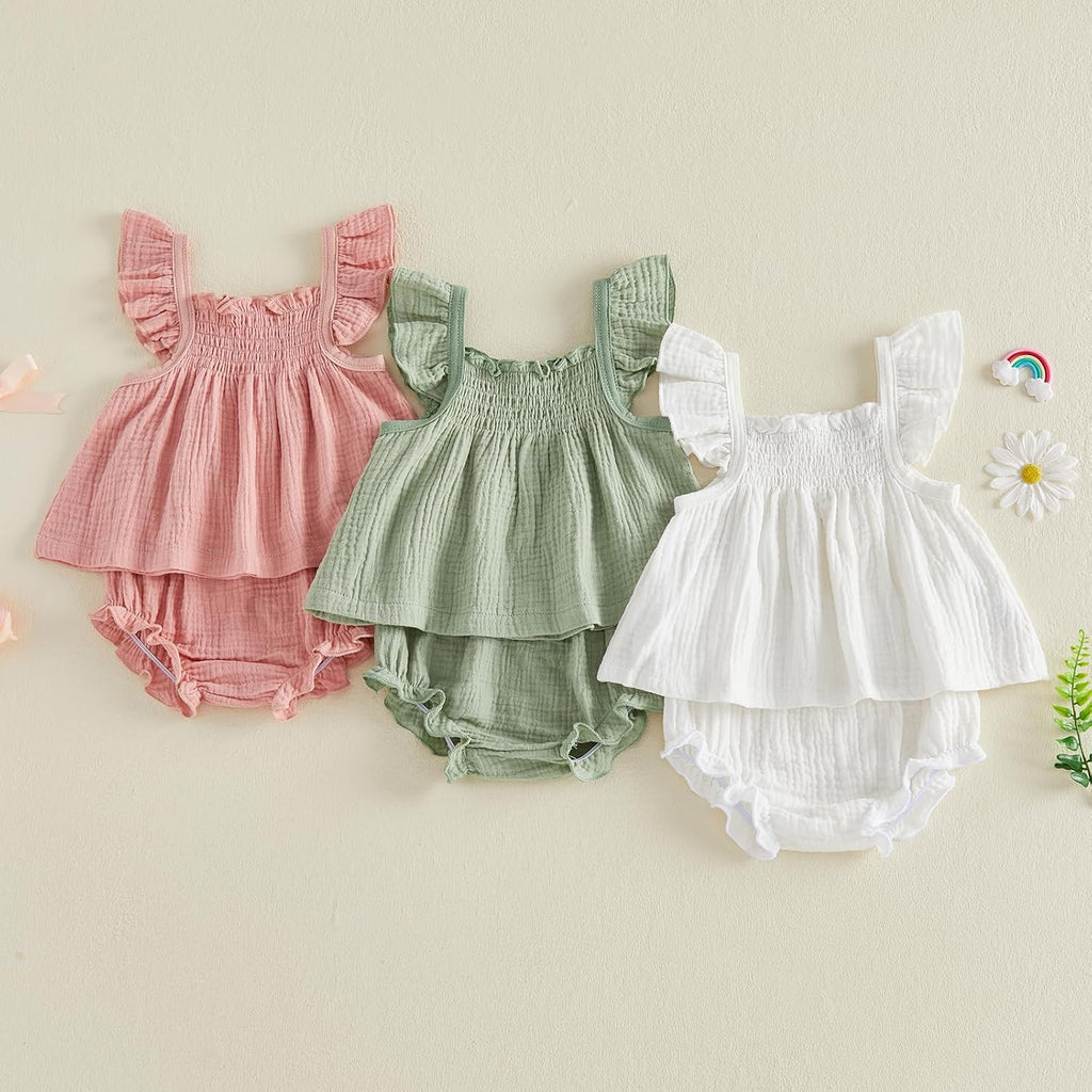 Baby Girl Summer Clothes Cute Basic Plain Cotton Linen Ruffle Tops Dress Shorts Outfits Set Shirt Princess Outfit